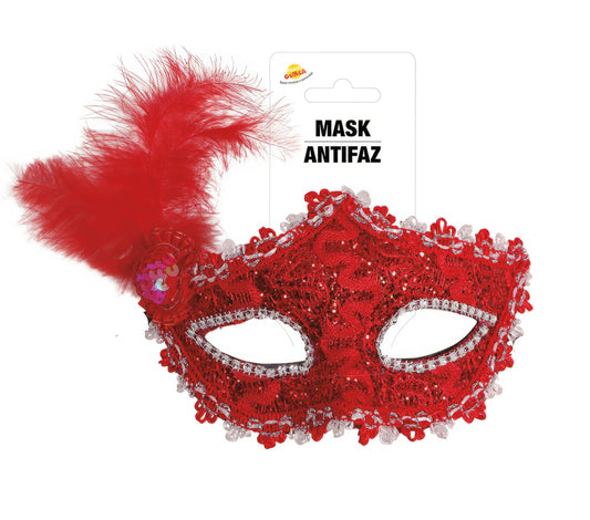 RED MASK WITH FEATHERS