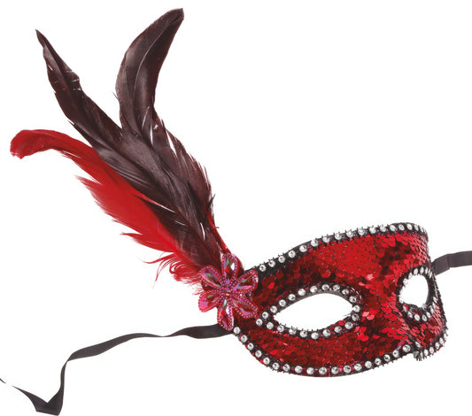 RED SEQUINS MASK WITH FEATHERS