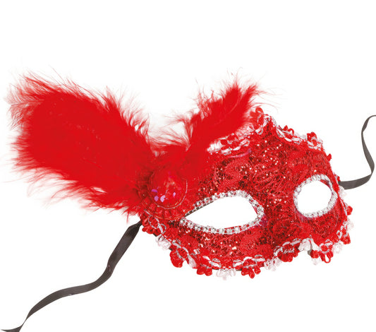 RED MASK WITH FEATHERS