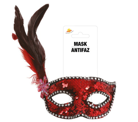 RED SEQUINS MASK WITH FEATHERS