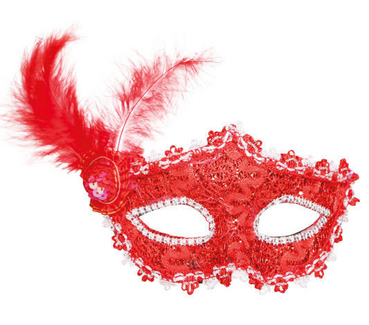 RED MASK WITH FEATHERS