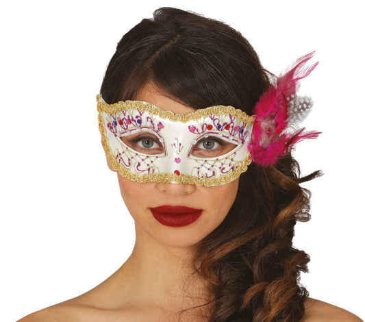 WHITE WITH PINK FEATHER MASK