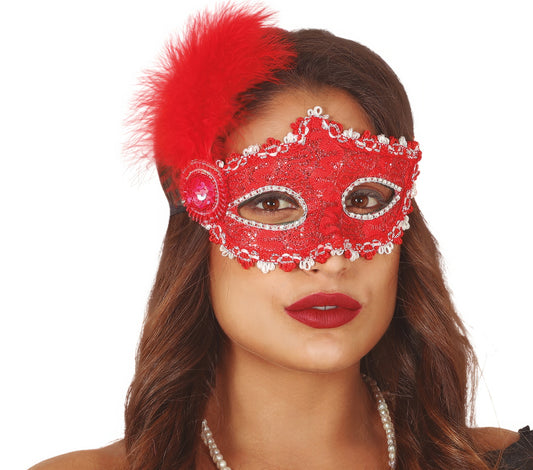 RED MASK WITH FEATHERS