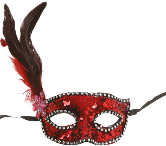 RED SEQUINS MASK WITH FEATHERS