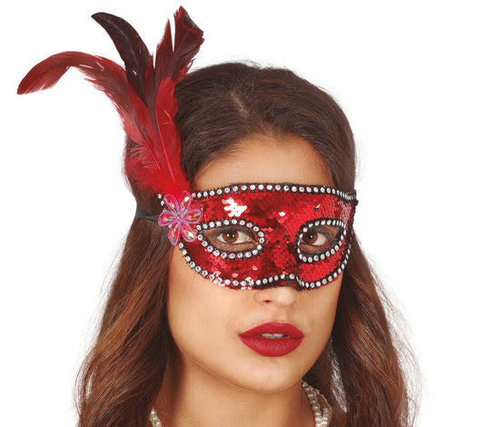 RED SEQUINS MASK WITH FEATHERS