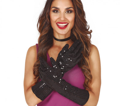 BLACK SEQUIN GLOVES 39 CMS HQ (17863)