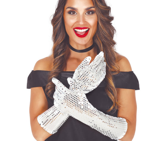 WHITE SEQUIN GLOVES 39 CMS HQ