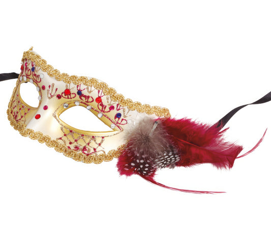 WHITE WITH PINK FEATHER MASK