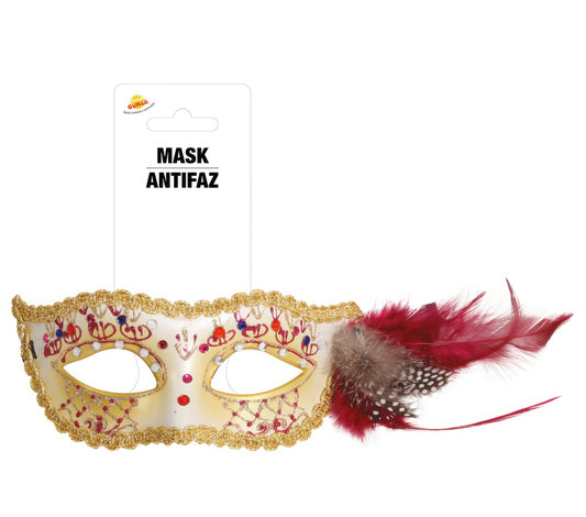 WHITE WITH PINK FEATHER MASK